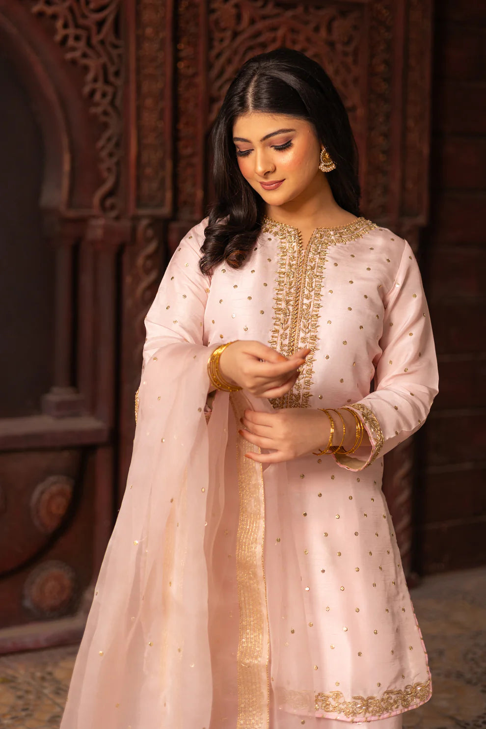 Afreen- Traditional Pink and Gold Farshi Shalwar Suit
