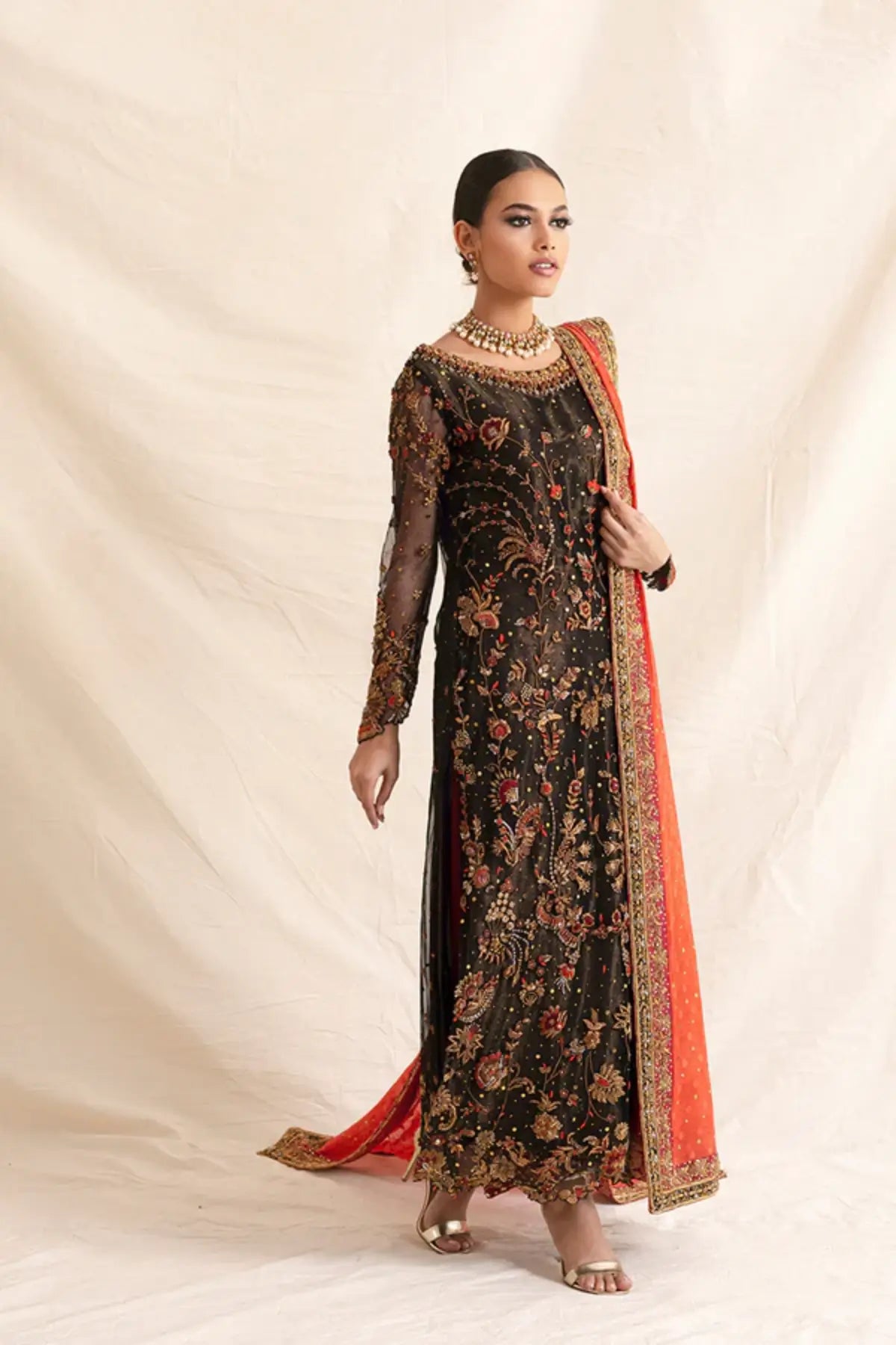 Afreen Black Zardozi Hand Embellished Net Wedding Shirt with Floral Gold Detailing, Cotton Net Pants and Contrasting Red Cotton Net Dupatta