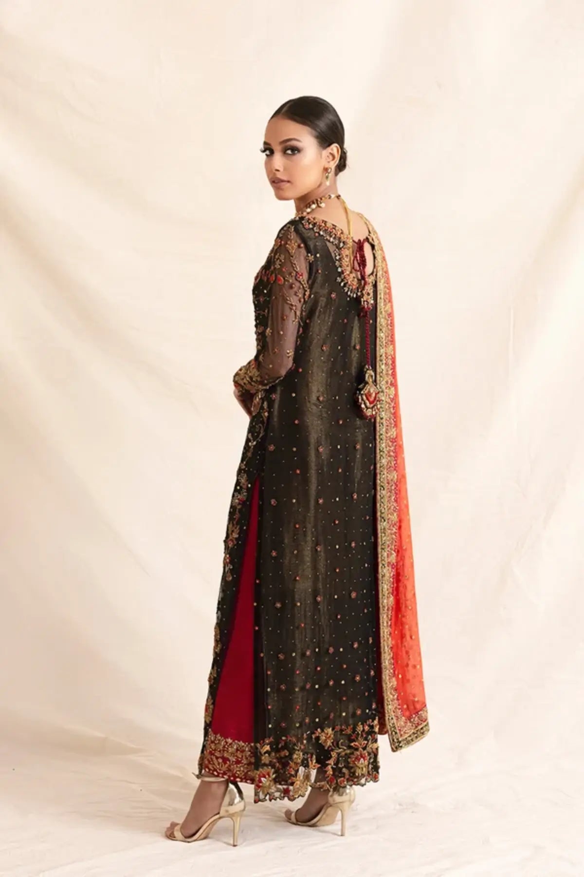 Afreen Black Zardozi Hand Embellished Net Wedding Shirt with Floral Gold Detailing, Cotton Net Pants and Contrasting Red Cotton Net Dupatta