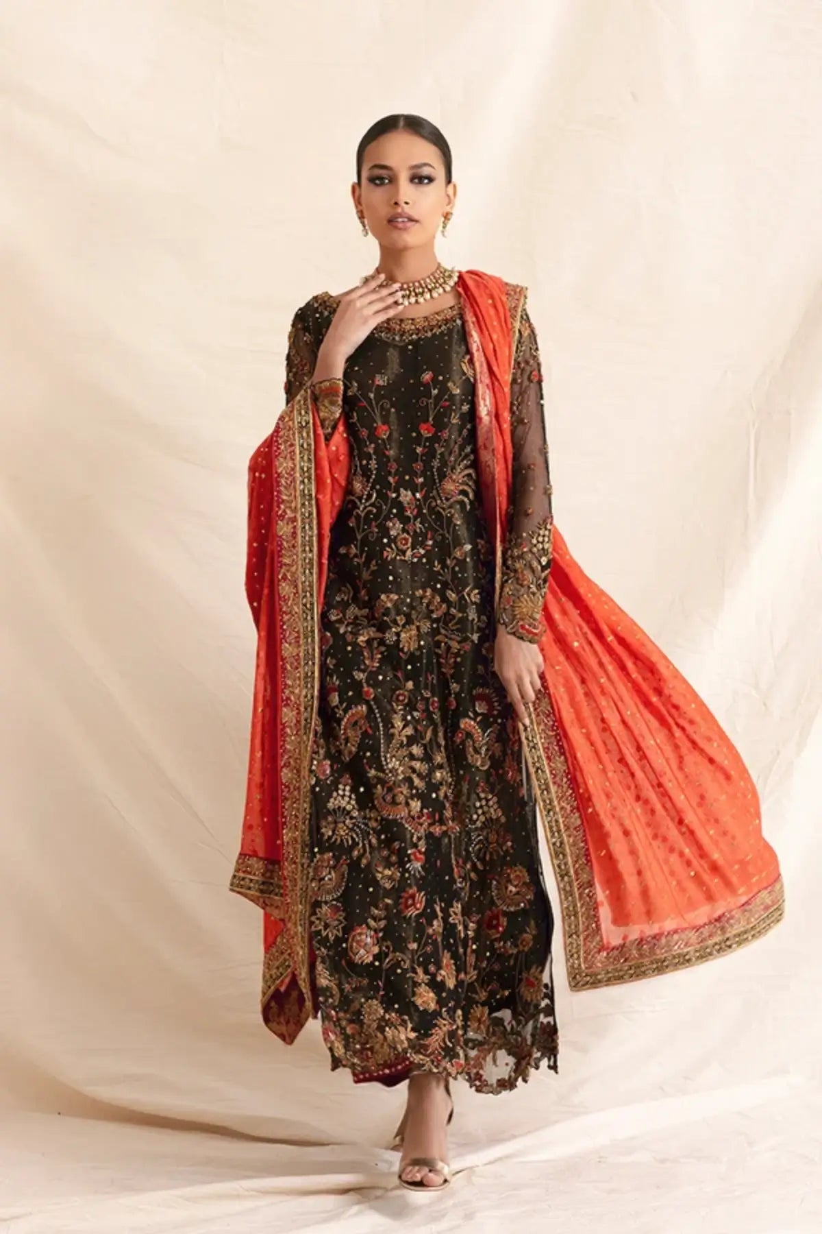 Afreen Black Zardozi Hand Embellished Net Wedding Shirt with Floral Gold Detailing, Cotton Net Pants and Contrasting Red Cotton Net Dupatta