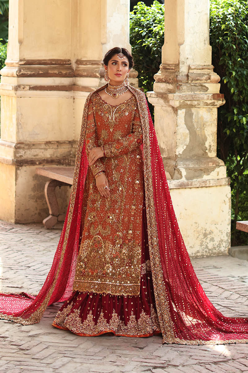 Afroza-Traditional Orange Bridal Shirt with Red Lehenga