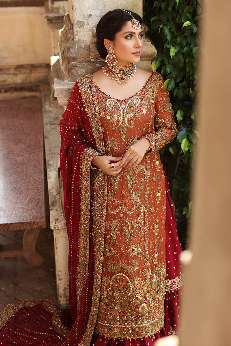Afroza-Traditional Orange Bridal Shirt with Red Lehenga