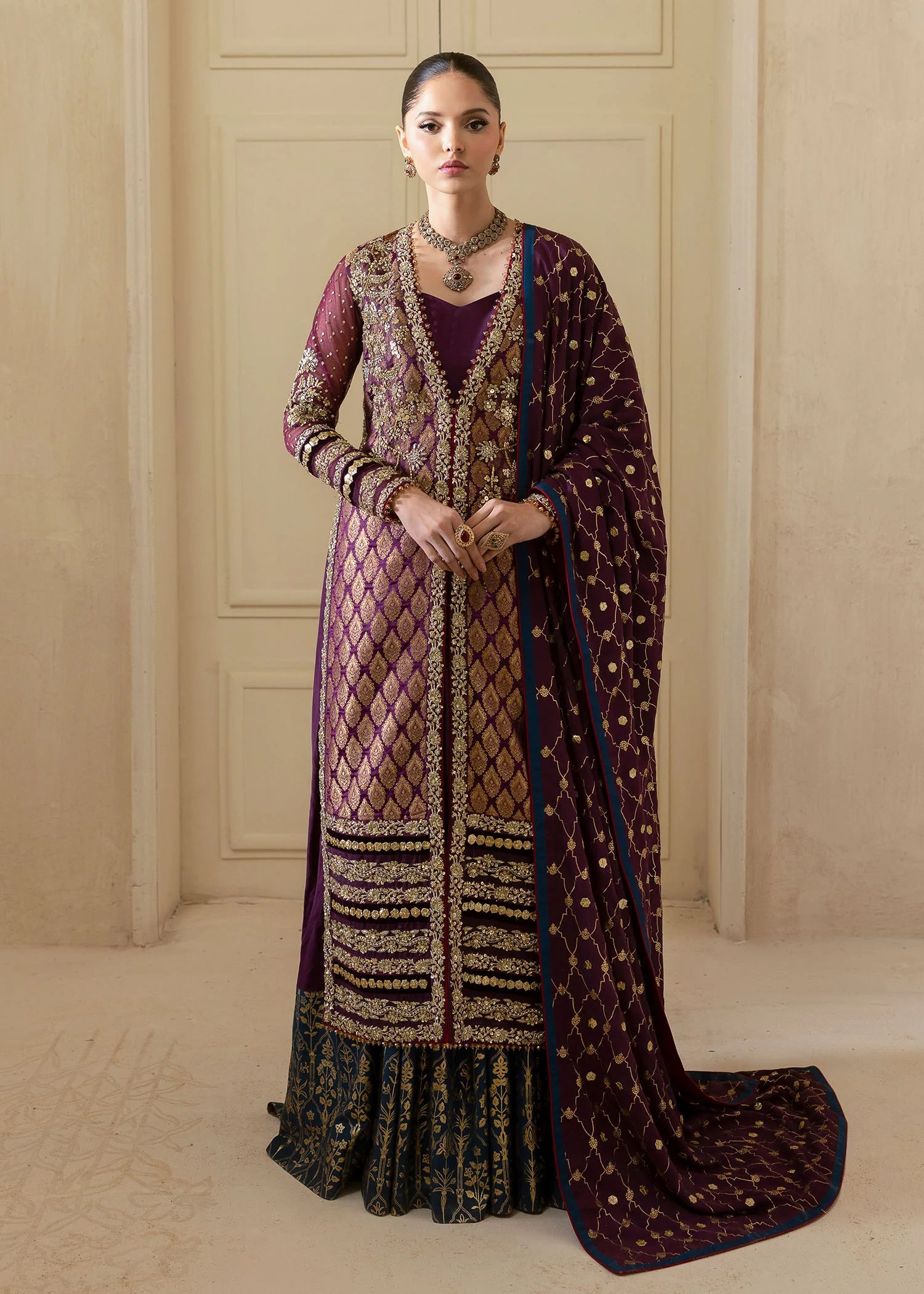 Plum jamawar Pakistani formal outfit with gold embellishments and blue shawl – Afsana Royale by Pakistanimoda
