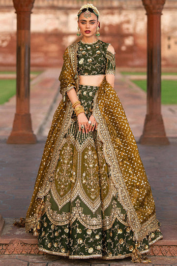 Afsana MNR Zarlish Vol VI green silk lehenga choli with gold embroidered dupatta, stitched festive outfit available at Pakistanimoda with USA delivery.