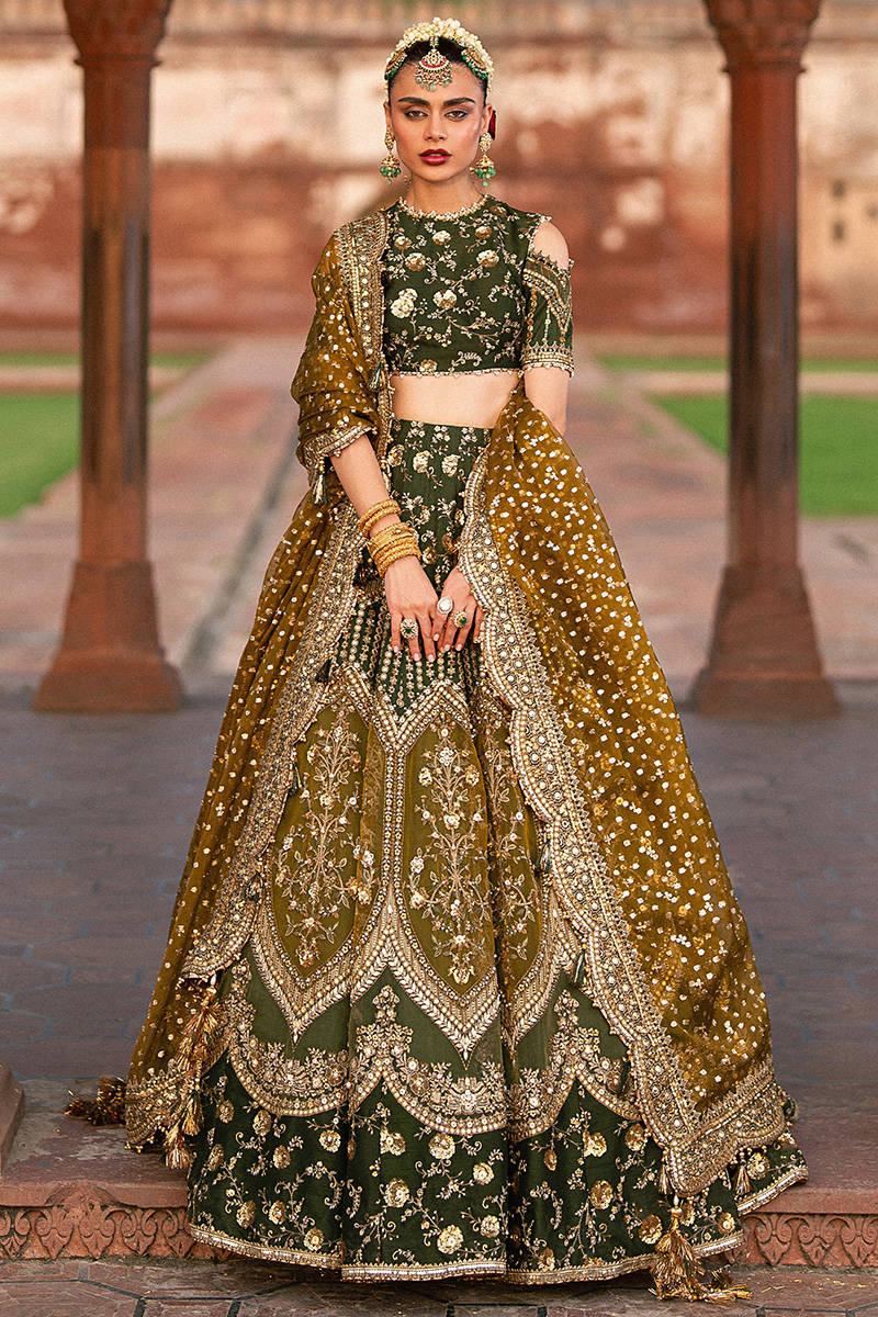 Afsana MNR Zarlish Vol VI green silk lehenga choli with gold embroidered dupatta, stitched festive outfit available at Pakistanimoda with USA delivery.
