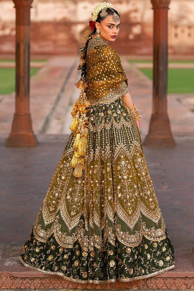 Afsana MNR Zarlish Vol VI green silk lehenga choli with gold embroidered dupatta, stitched festive outfit available at Pakistanimoda with USA delivery.