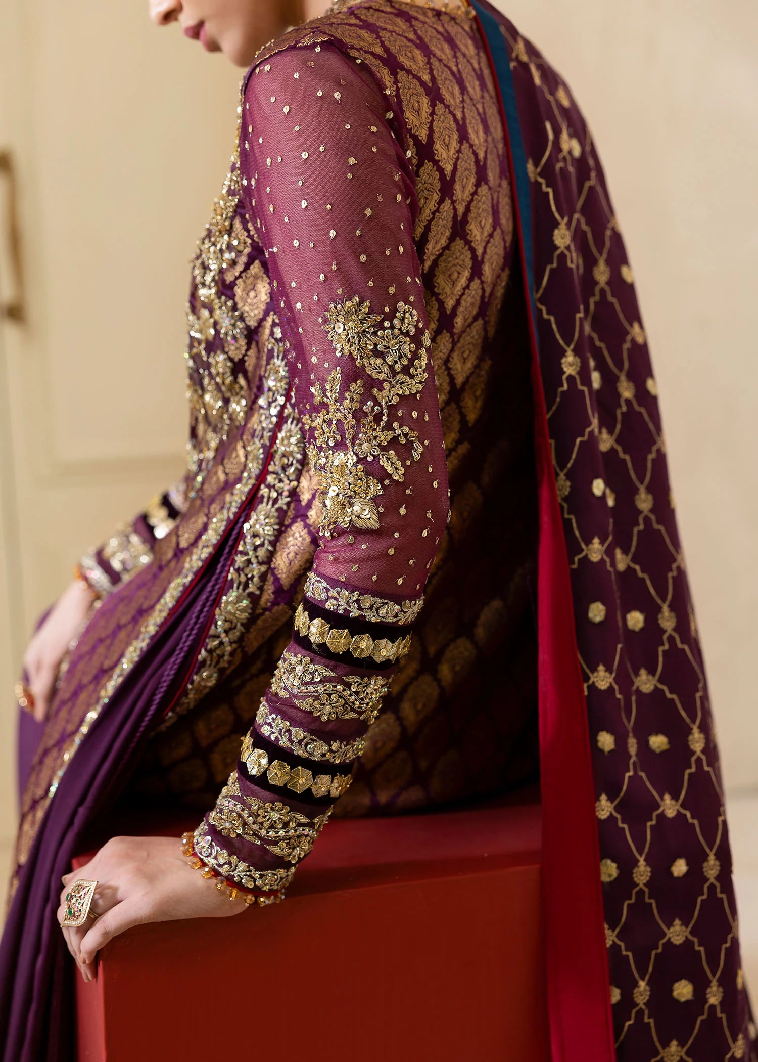Plum jamawar Pakistani formal outfit with gold embellishments and blue shawl – Afsana Royale by Pakistanimoda