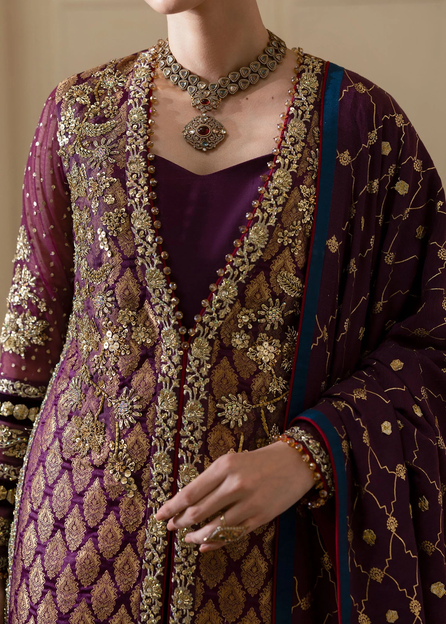 Plum jamawar Pakistani formal outfit with gold embellishments and blue shawl – Afsana Royale by Pakistanimoda