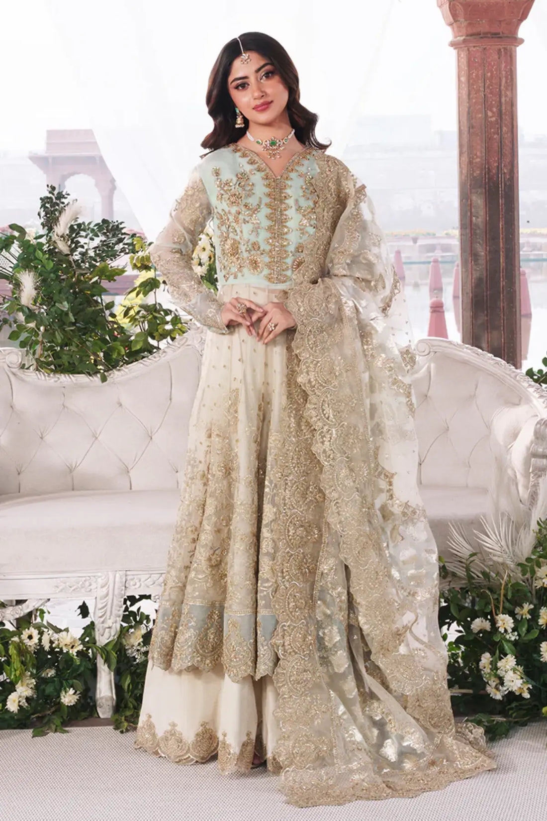 Afsanay skin ready-to-wear stitched bridal pishwas khaddi net lurex dupatta Pakistanimoda.com