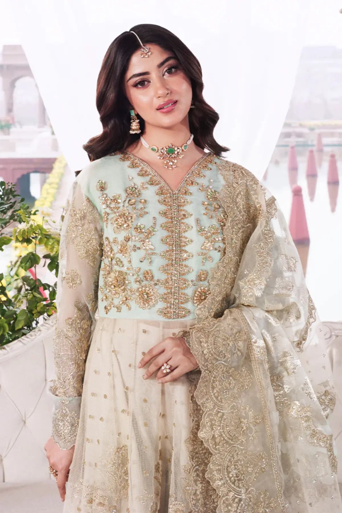 Afsanay skin ready-to-wear stitched bridal pishwas khaddi net lurex dupatta Pakistanimoda.com