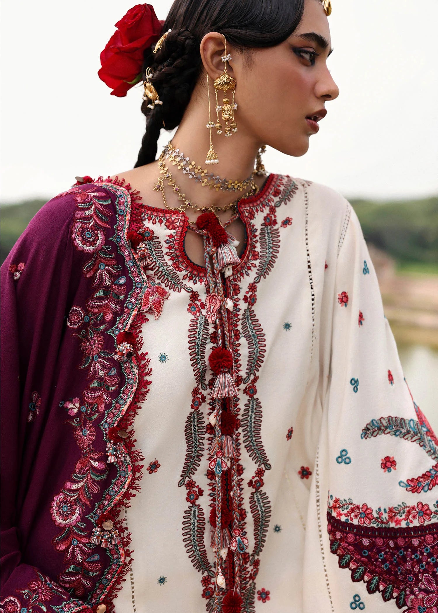 Afsaneh Ivory Karandi Suit with Purple Embroidered Shawl by Hussain Rehar | pakistanimoda.com