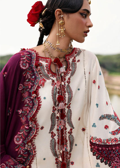 Afsaneh Ivory Karandi Suit with Purple Embroidered Shawl by Hussain Rehar | pakistanimoda.com