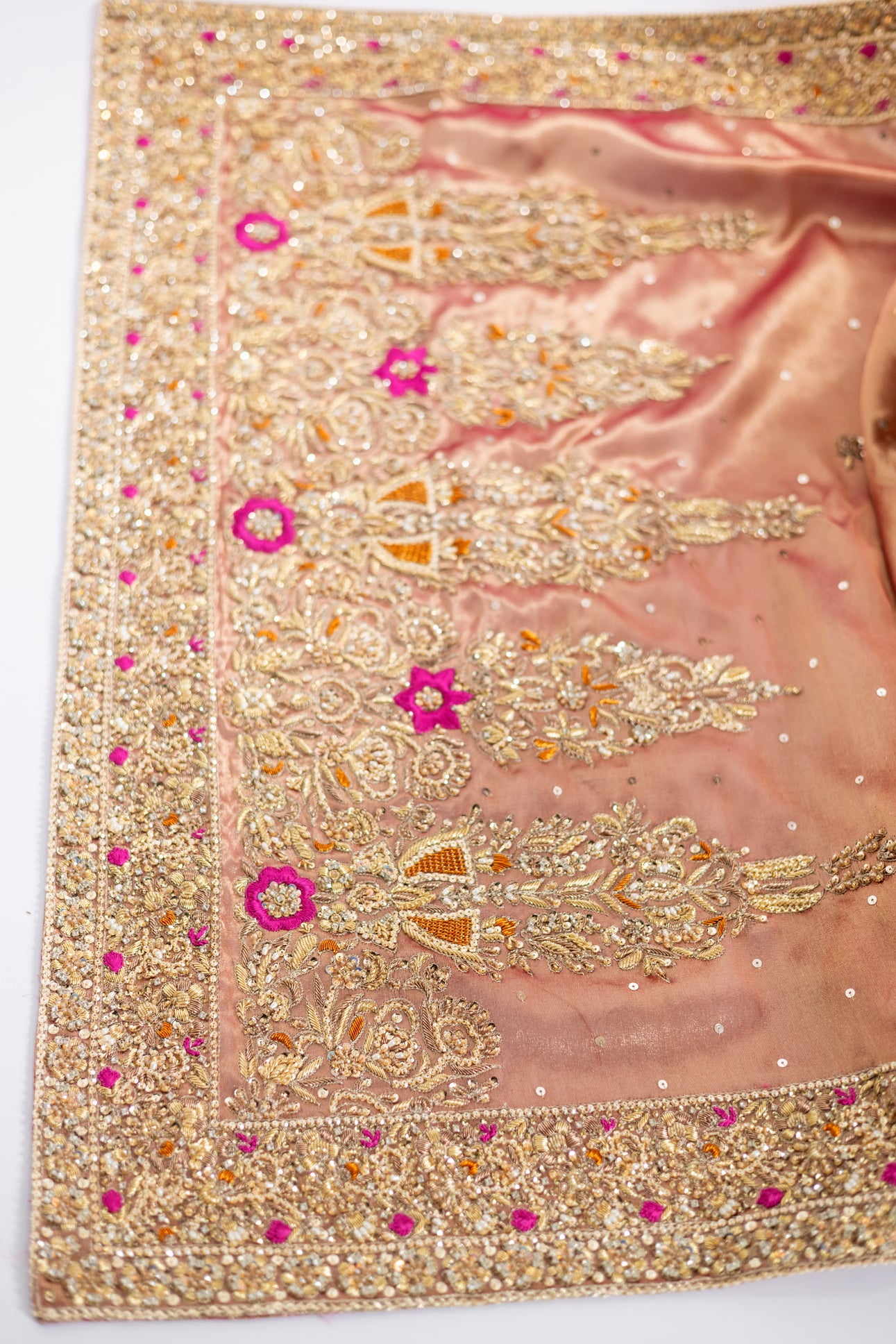Afsheen bridal outfit by MariamRaj: Peach gold or magenta pink tissue silk Pishwas, Jamawar Gharara, delicate tissue dupatta, zardoze and resham embroidery for weddings