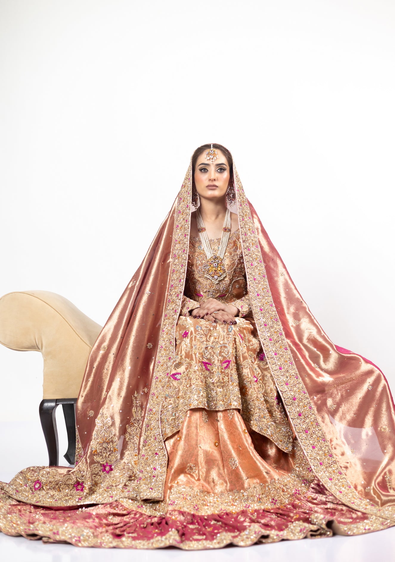  Afsheen bridal outfit by MariamRaj: Peach gold or magenta pink tissue silk Pishwas, Jamawar Gharara, delicate tissue dupatta, zardoze and resham embroidery for weddings