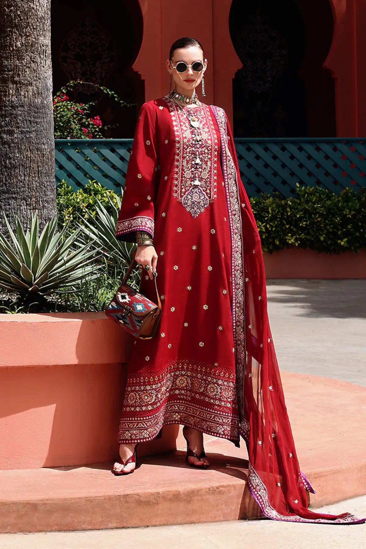 Mushq Agatha brick red embroidered raw silk 3 piece suit Nuvera Raw Silk 2026 with chiffon dupatta Pakistanimoda