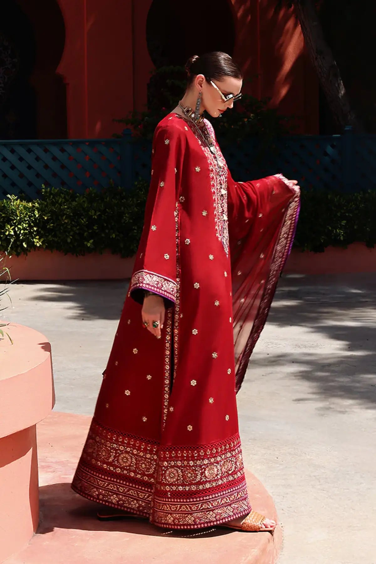 Mushq Agatha brick red embroidered raw silk 3 piece suit Nuvera Raw Silk 2026 with chiffon dupatta Pakistanimoda