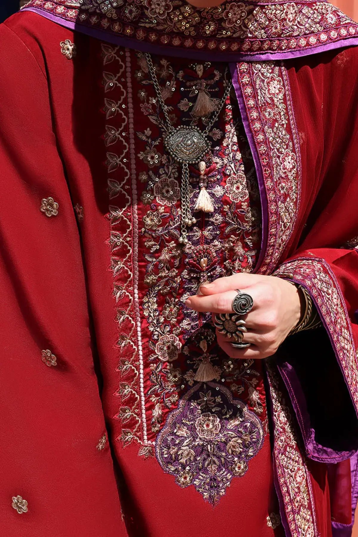 Mushq Agatha brick red embroidered raw silk 3 piece suit Nuvera Raw Silk 2026 with chiffon dupatta Pakistanimoda