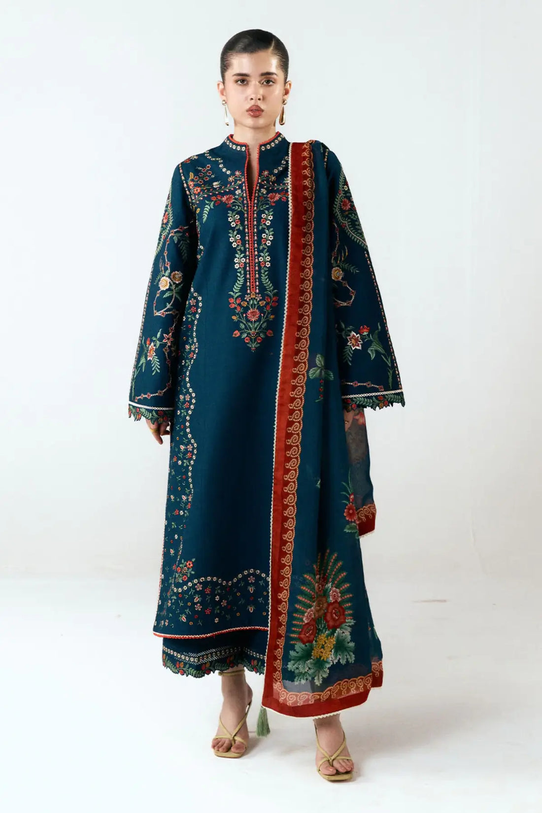 Agna zinc embroidered cotton stitched suit by Jugnu Lahore with printed silk dupatta