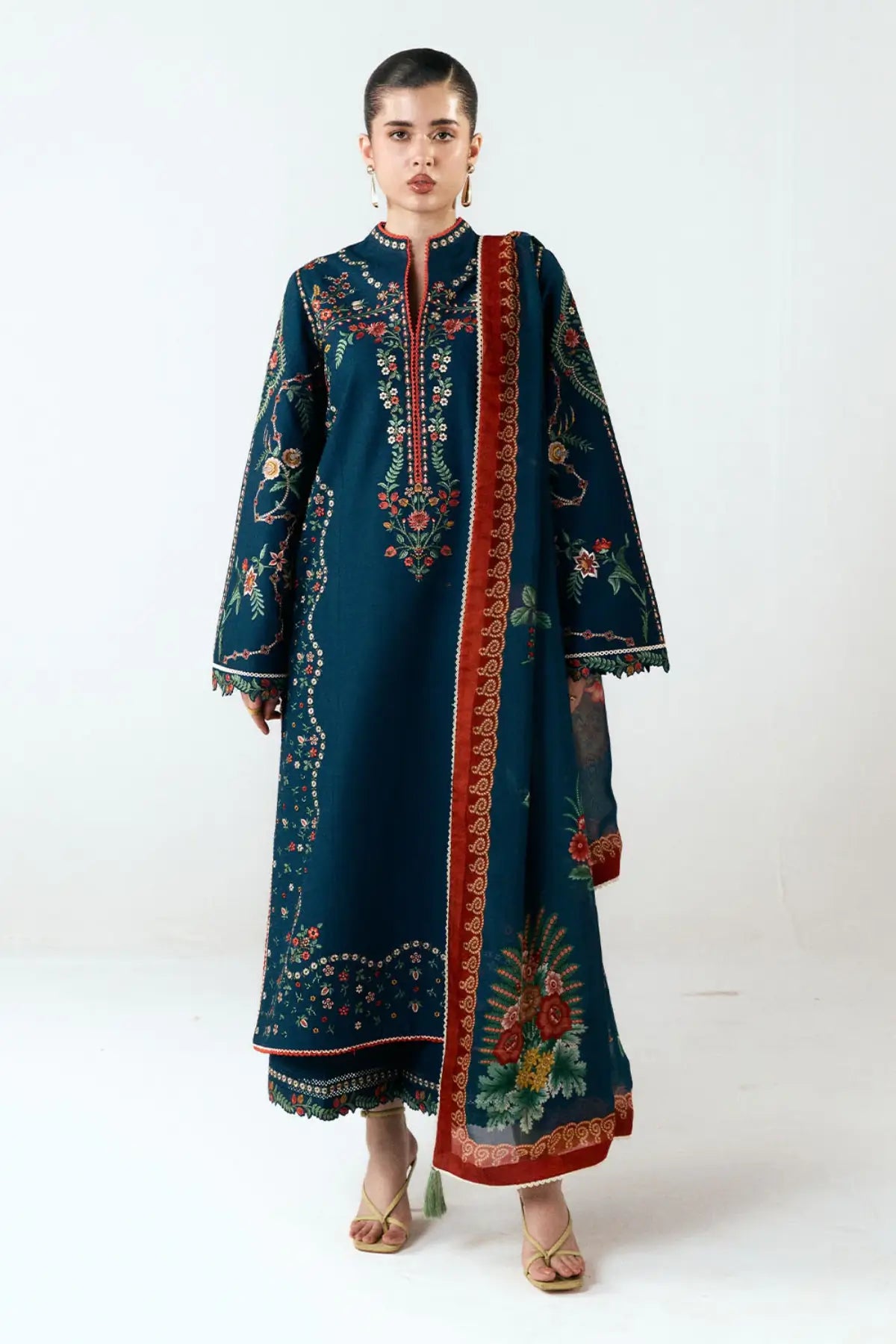 Agna zinc embroidered cotton stitched suit by Jugnu Lahore with printed silk dupatta
