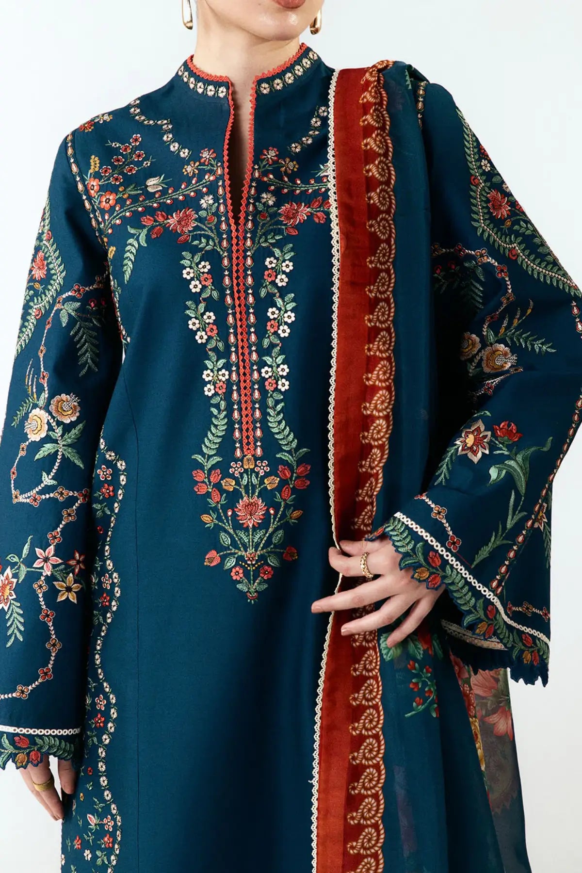 Agna zinc embroidered cotton stitched suit by Jugnu Lahore with printed silk dupatta