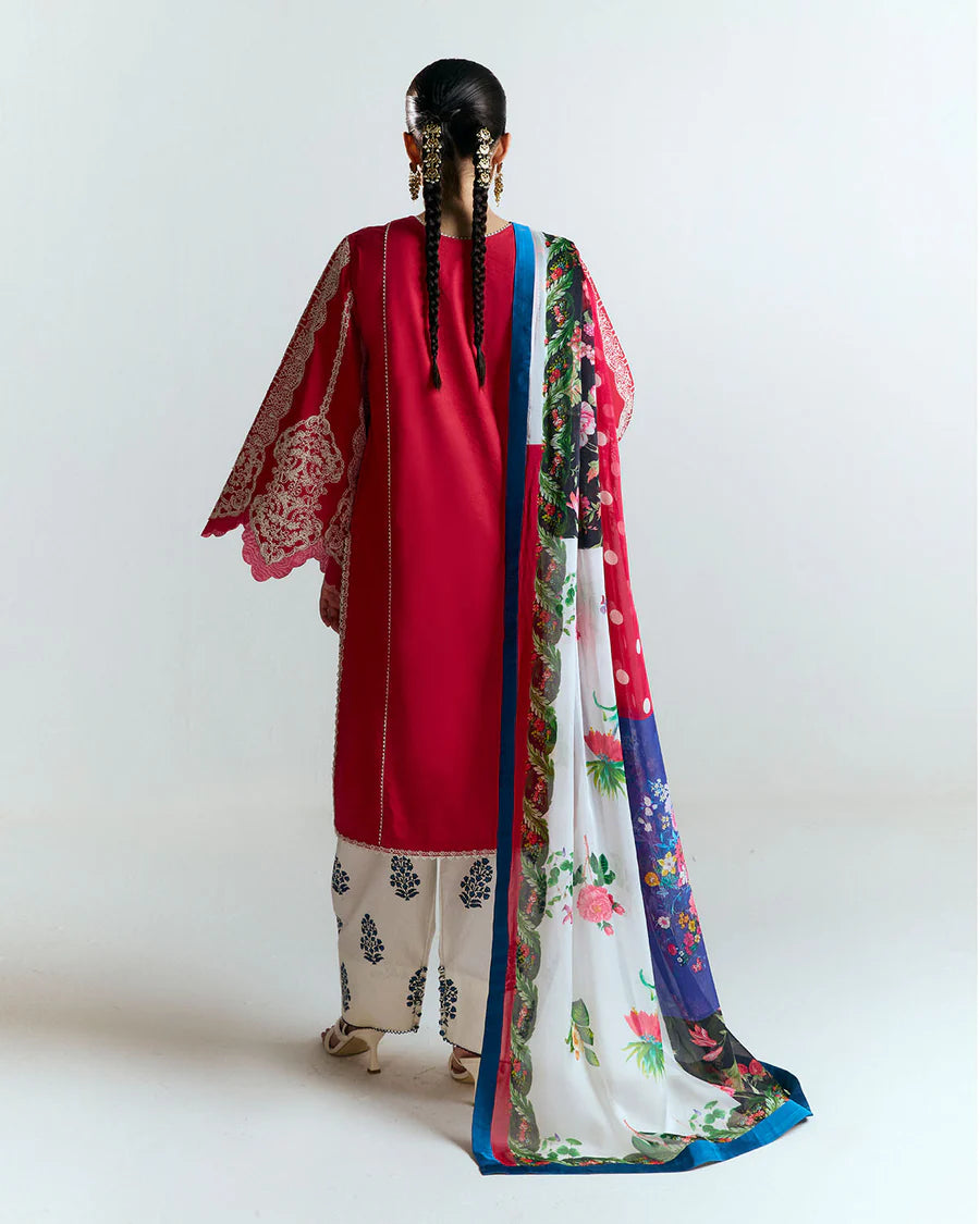Ahiti-Modern traditional red and ivory shalwar kameez