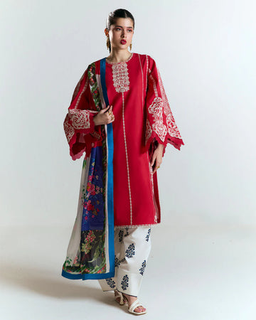Ahiti-Modern traditional red and ivory shalwar kameez