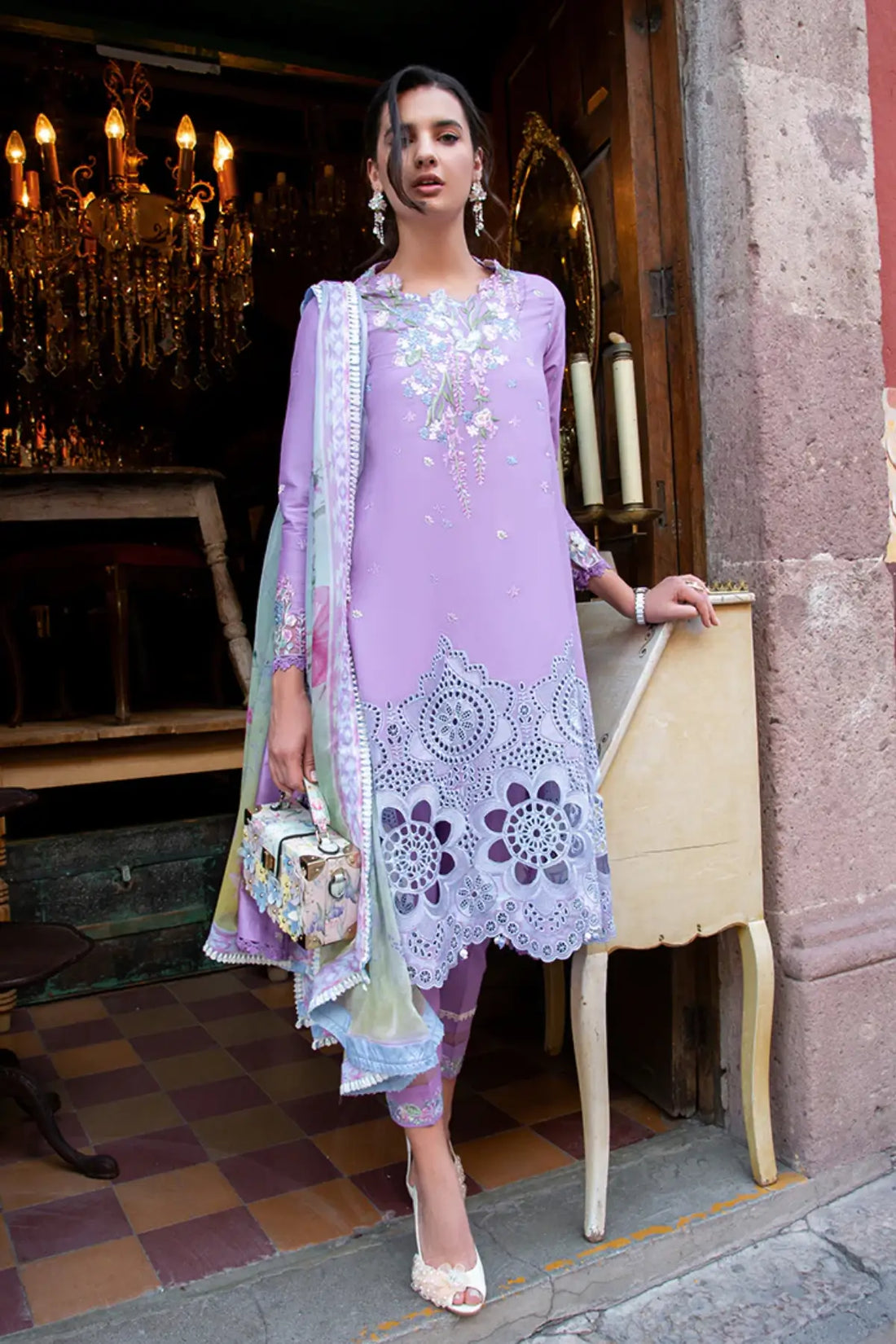 Ailyn lilac stitched lawn 3PC suit by Mushq with chiffon dupatta and embroidery