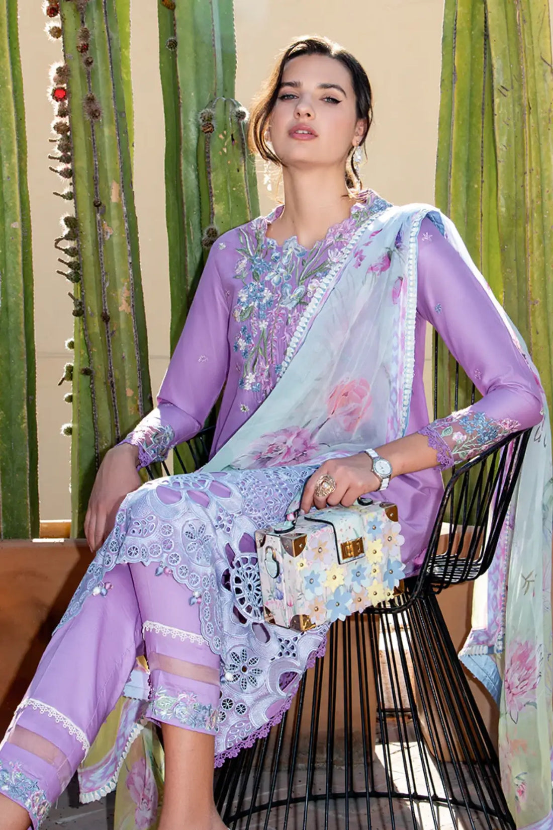 Ailyn lilac stitched lawn 3PC suit by Mushq with chiffon dupatta and embroidery