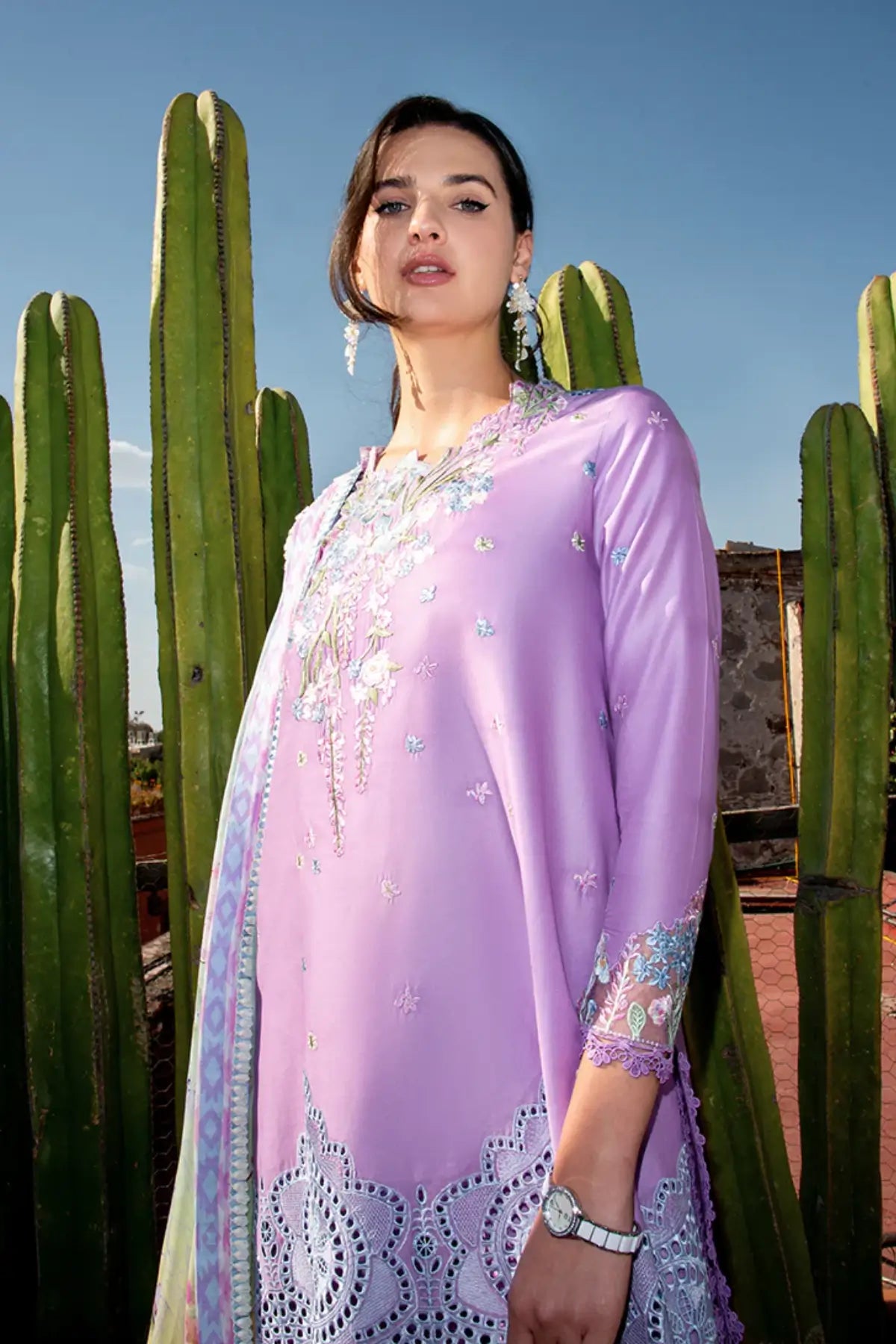 Ailyn lilac stitched lawn 3PC suit by Mushq with chiffon dupatta and embroidery