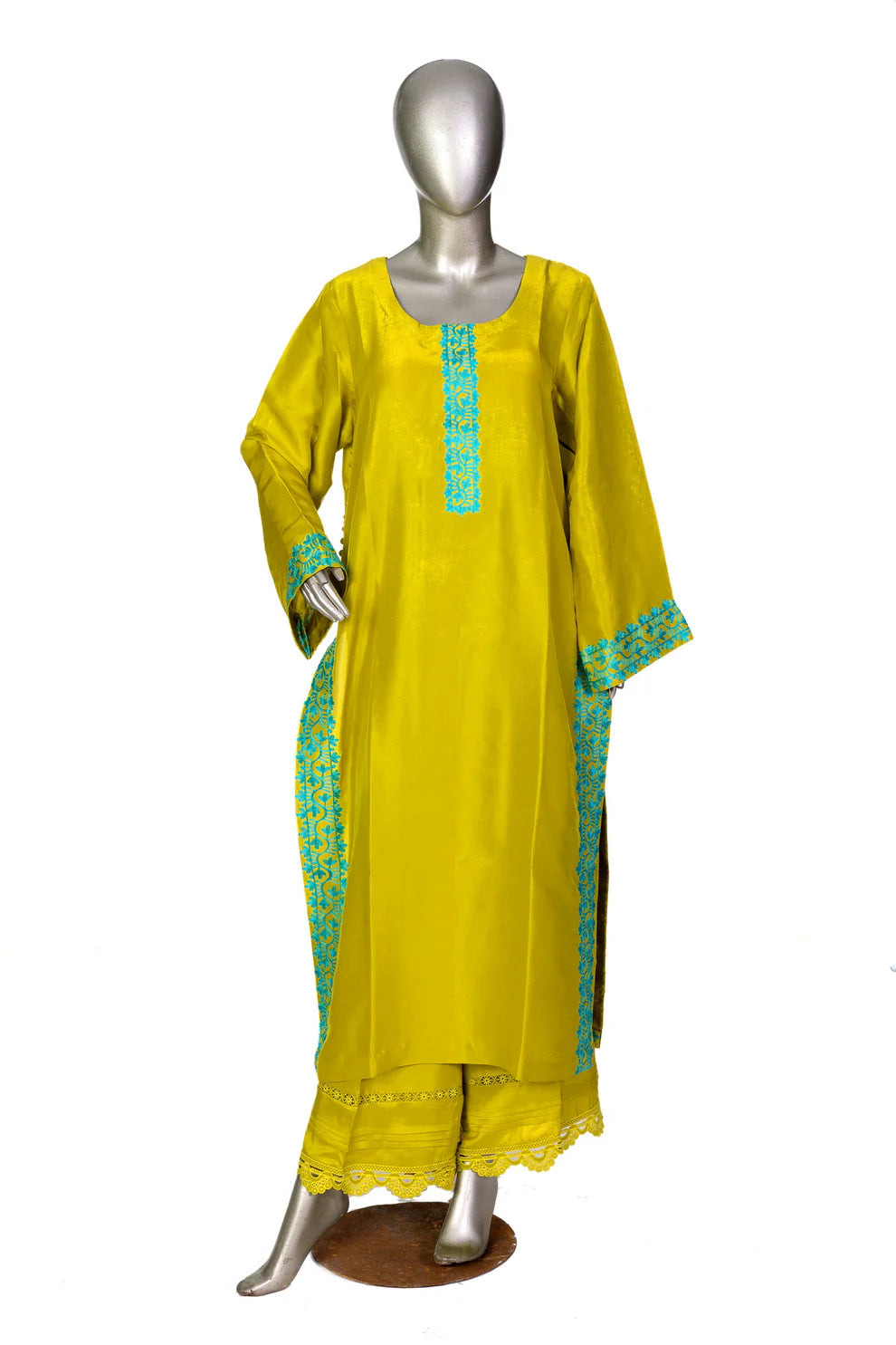Aina-Radiant Lime Green Raw Silk Embroidered shirt with Culotte