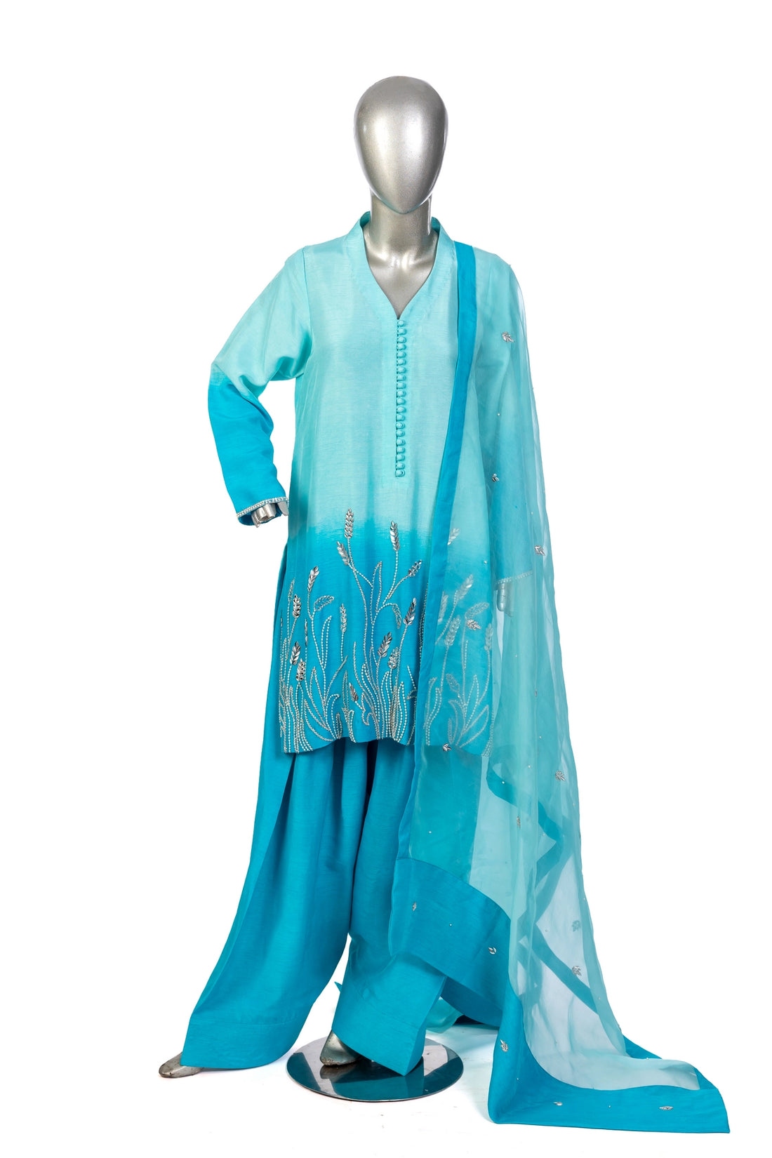 Aira – Festive Blue Korean Silk Shirt and Farshi Shalwar Dress by MariamRaj, available at Pakistanimoda.com.