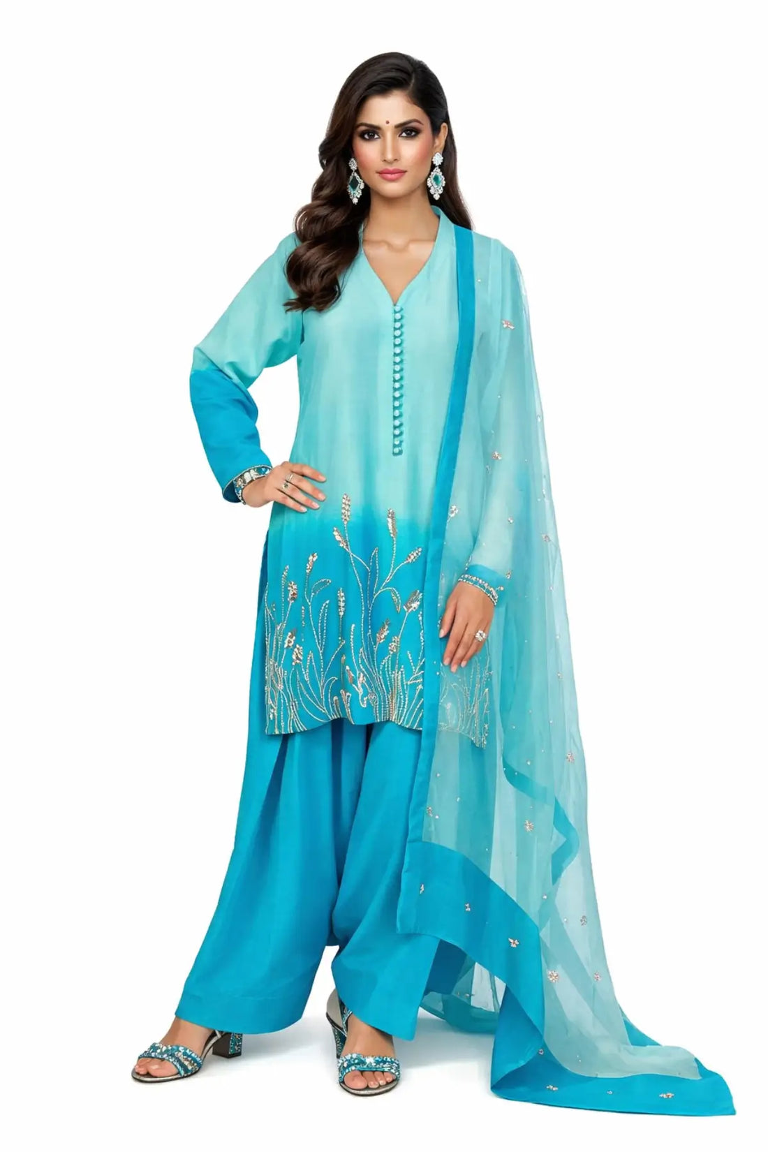 Aira – Festive Blue Korean Silk Shirt and Farshi Shalwar Dress by MariamRaj, available at Pakistanimoda.com.