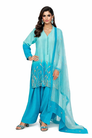 Aira – Festive Blue Korean Silk Shirt and Farshi Shalwar Dress by MariamRaj, available at Pakistanimoda.com.