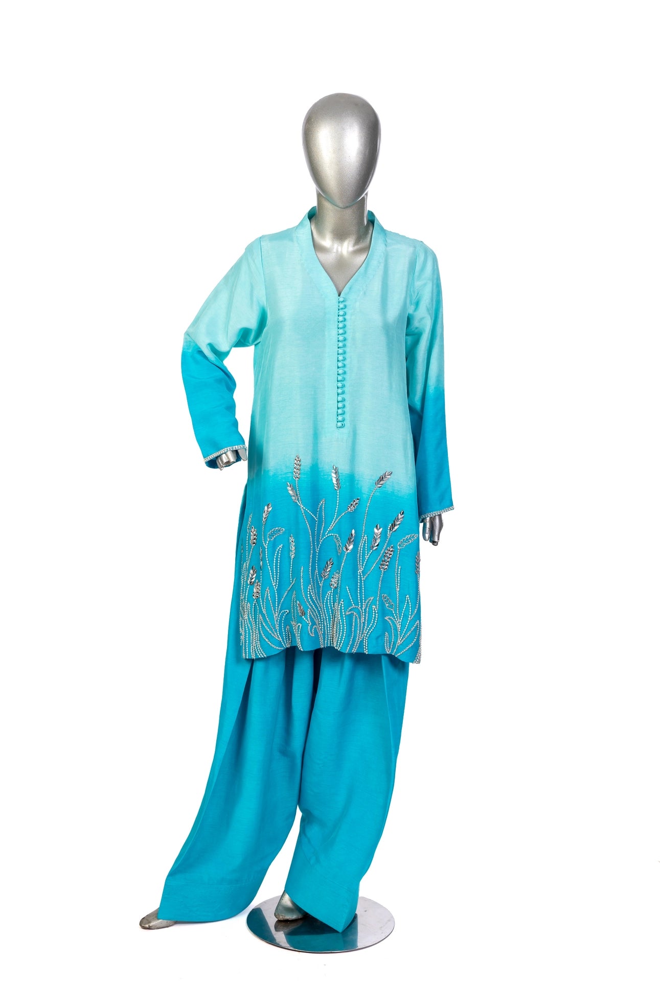 Aira – Festive Blue Korean Silk Shirt and Farshi Shalwar Dress by MariamRaj, available at Pakistanimoda.com.