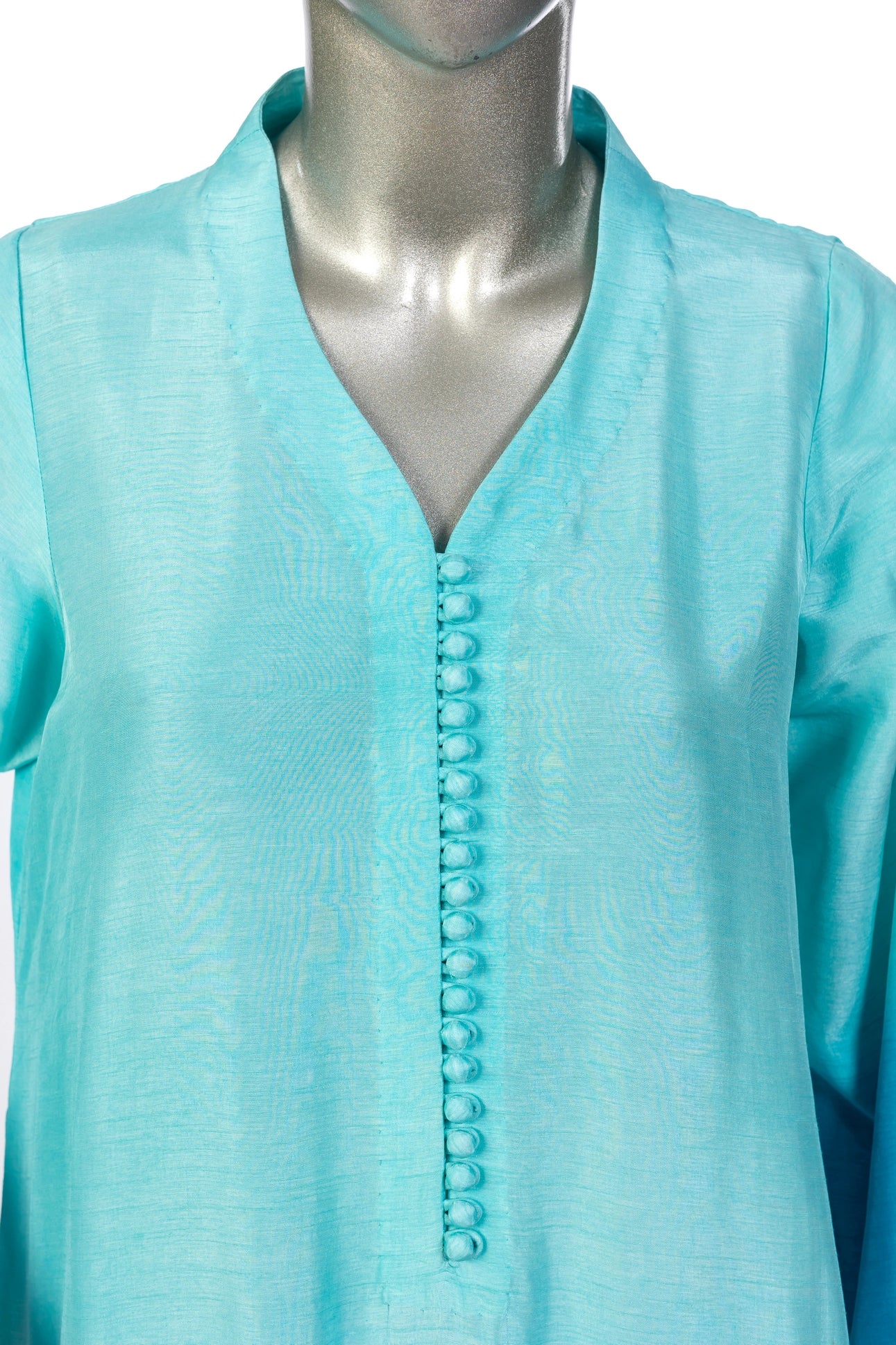 Aira – Festive Blue Korean Silk Shirt and Farshi Shalwar Dress by MariamRaj, available at Pakistanimoda.com.