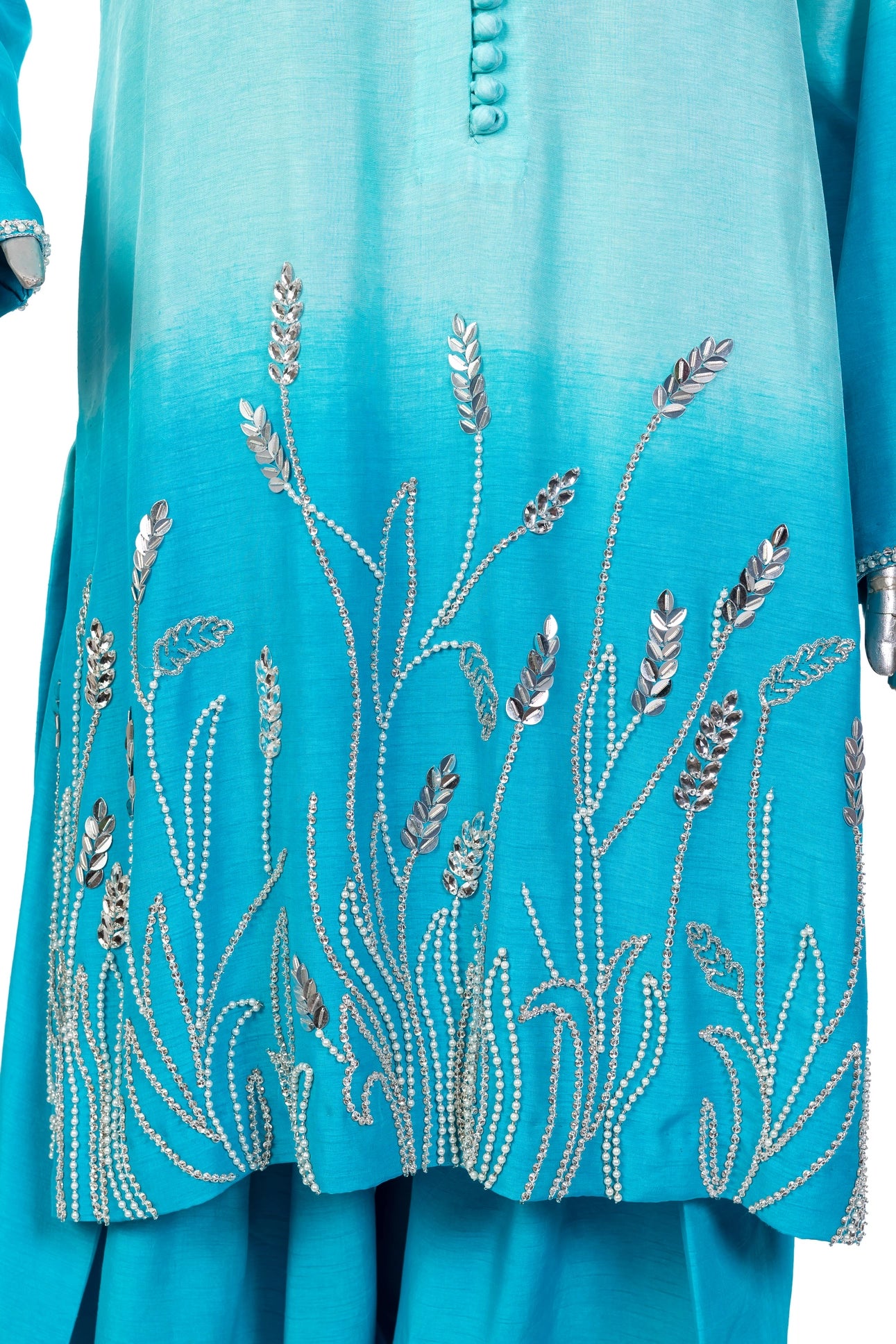 Aira – Festive Blue Korean Silk Shirt and Farshi Shalwar Dress by MariamRaj, available at Pakistanimoda.com.