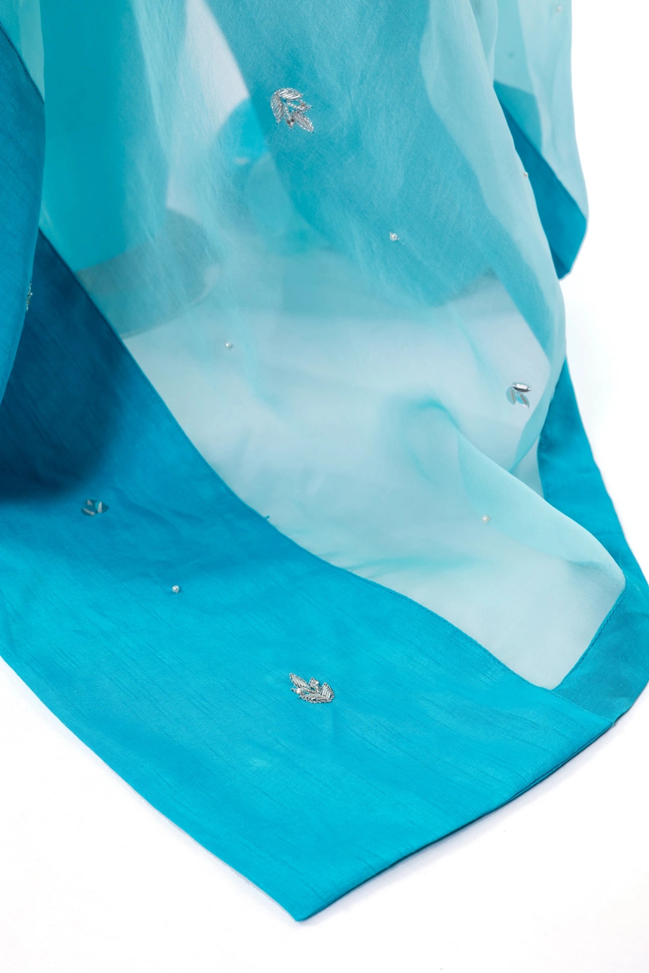 Aira – Festive Blue Korean Silk Shirt and Farshi Shalwar Dress by MariamRaj, available at Pakistanimoda.com.