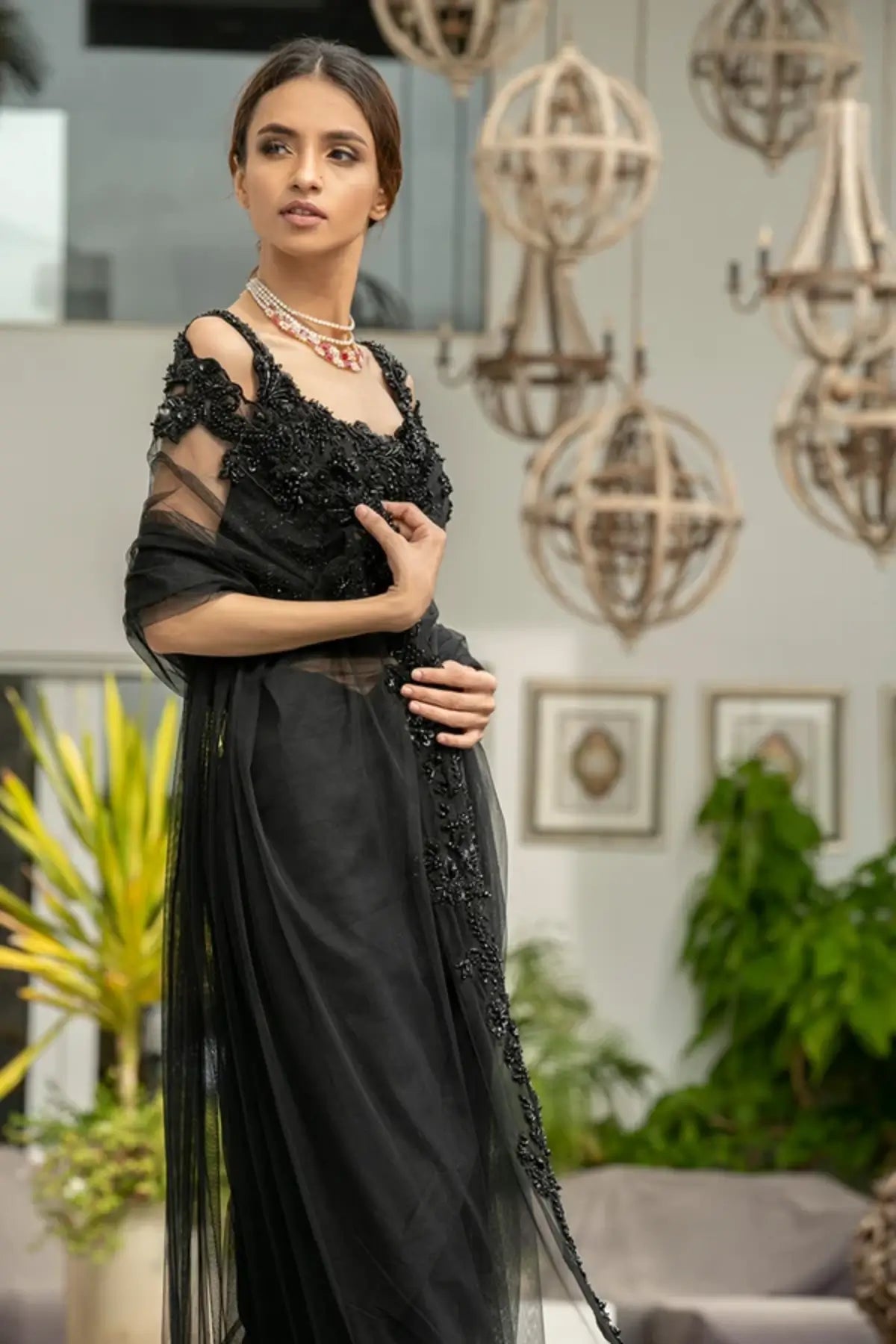 Aiza Black Crystal Embellished Net Stitched Pakistani Formal Saree with Intricate Beaded Work and 100% Raw Silk Blouse