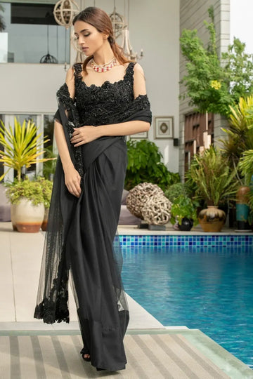 Aiza Black Crystal Embellished Net Stitched Pakistani Formal Saree with Intricate Beaded Work and 100% Raw Silk Blouse