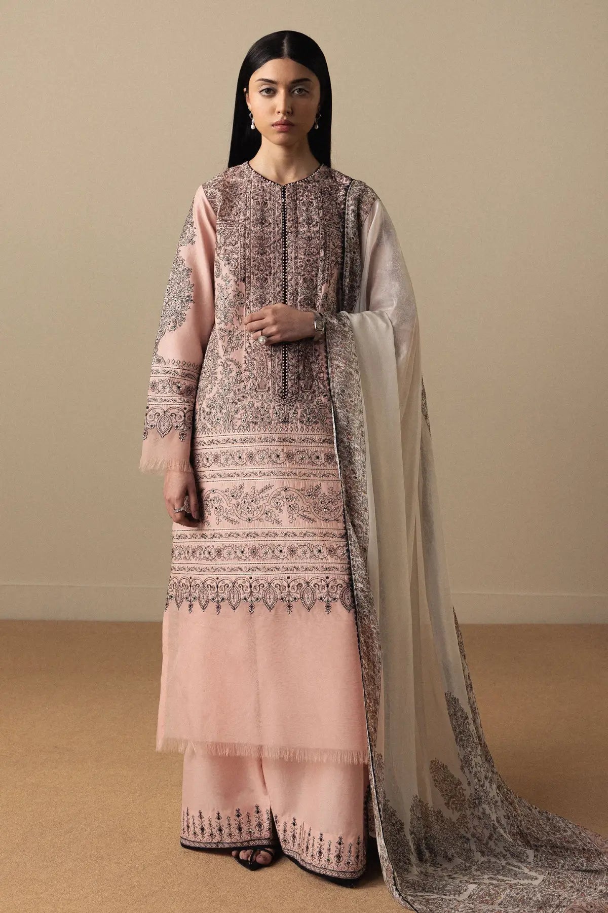 Zara Shahjahan Akahana-D11 Satori 2026 tea rose embroidered lawn suit with printed silk dupatta and cambric trouser