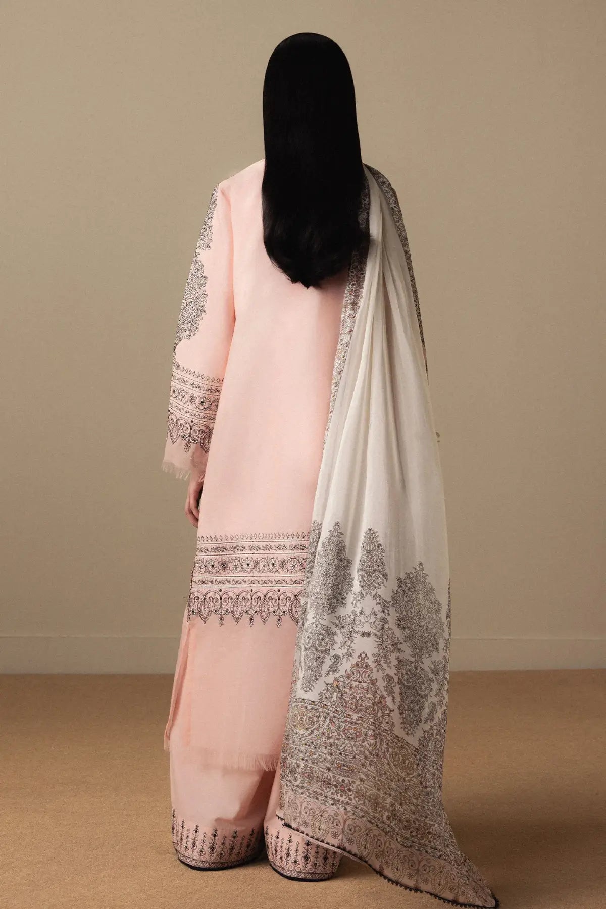 Zara Shahjahan Akahana-D11 Satori 2026 tea rose embroidered lawn suit with printed silk dupatta and cambric trouser