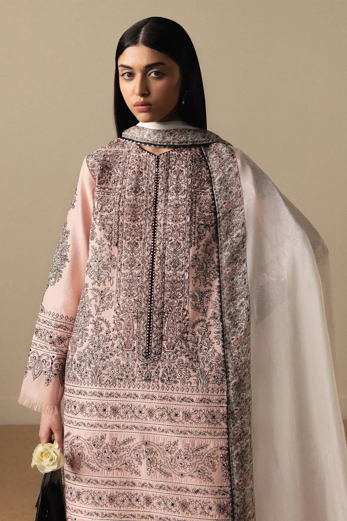 Zara Shahjahan Akahana-D11 Satori 2026 tea rose embroidered lawn suit with printed silk dupatta and cambric trouser