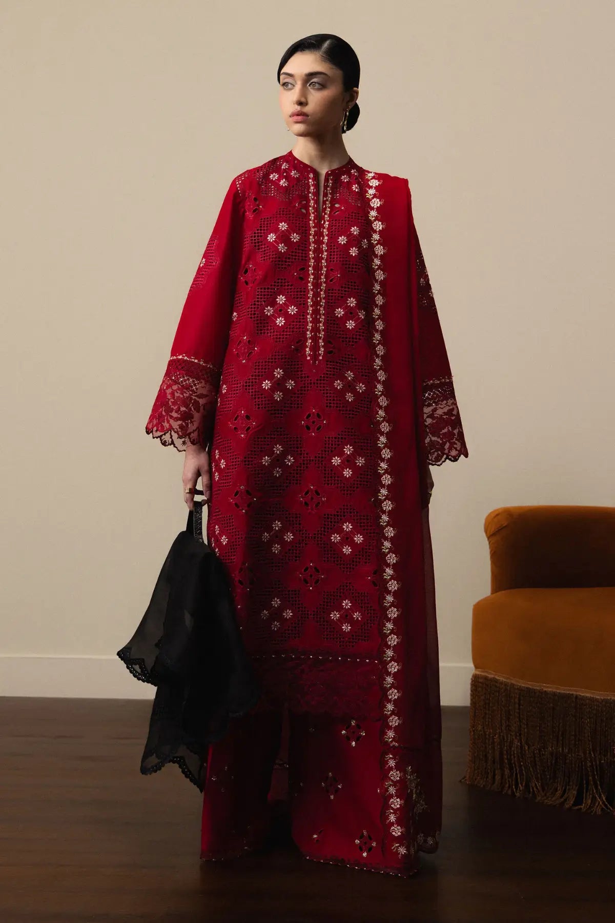 Zara Shahjahan Akari-D8 Satori 2026 red jaali embroidered lawn suit with chiffon dupatta and cambric trouser
