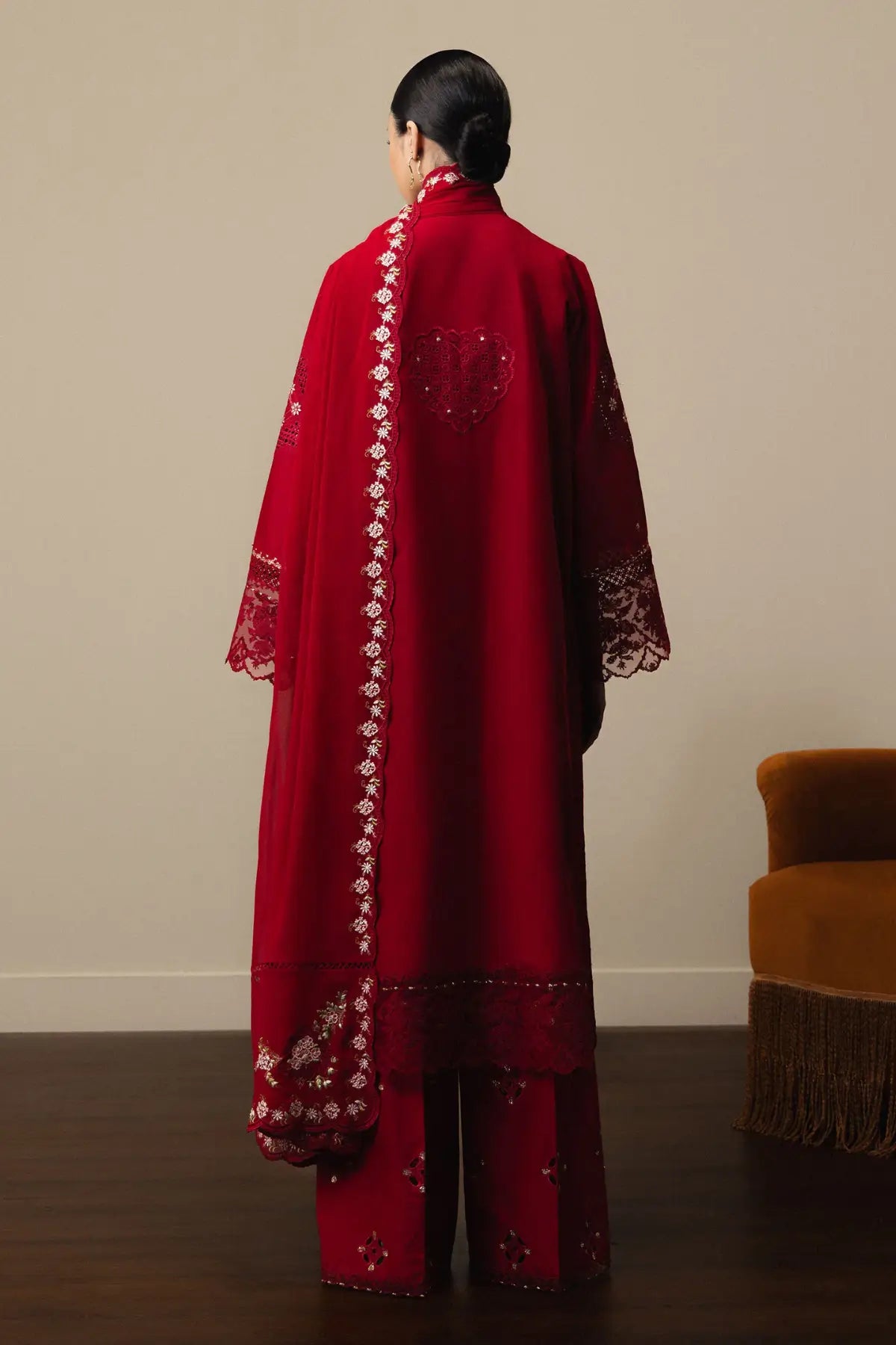 Zara Shahjahan Akari-D8 Satori 2026 red jaali embroidered lawn suit with chiffon dupatta and cambric trouser
