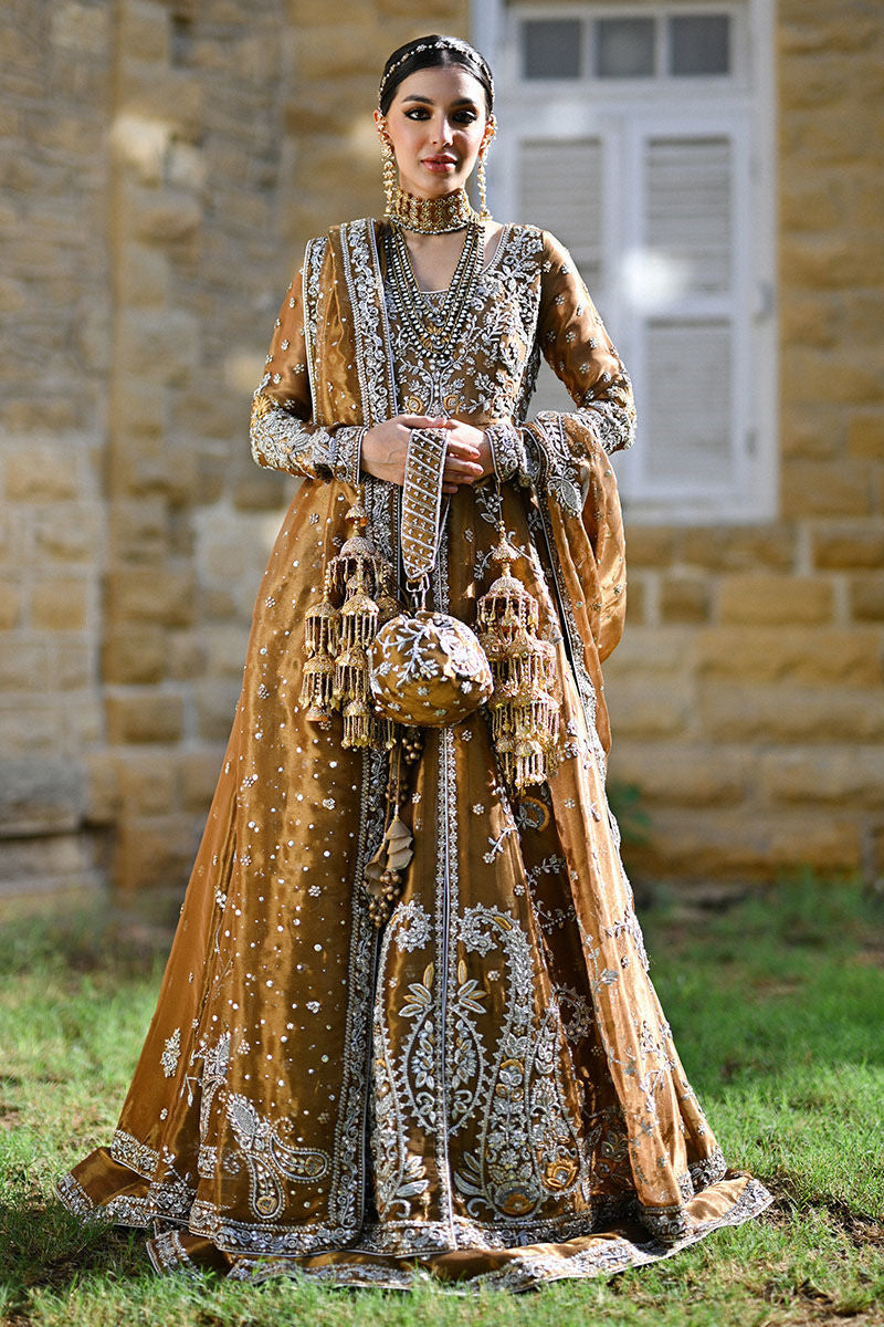 Bronze lamé Anarkali bridal dress with silver zardozi, embellished lehenga, and dupatta – perfect for Pakistani brides in UK and USA.