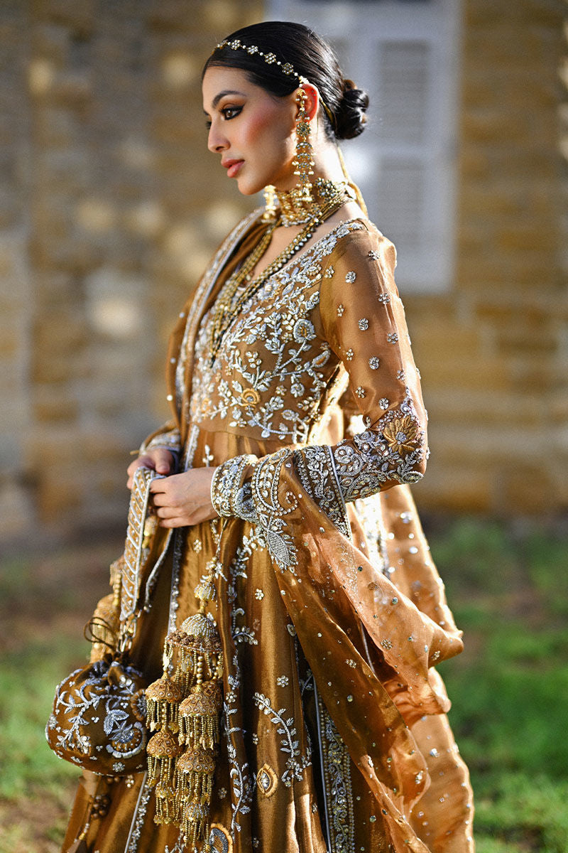 Bronze lamé Anarkali bridal dress with silver zardozi, embellished lehenga, and dupatta – perfect for Pakistani brides in UK and USA.