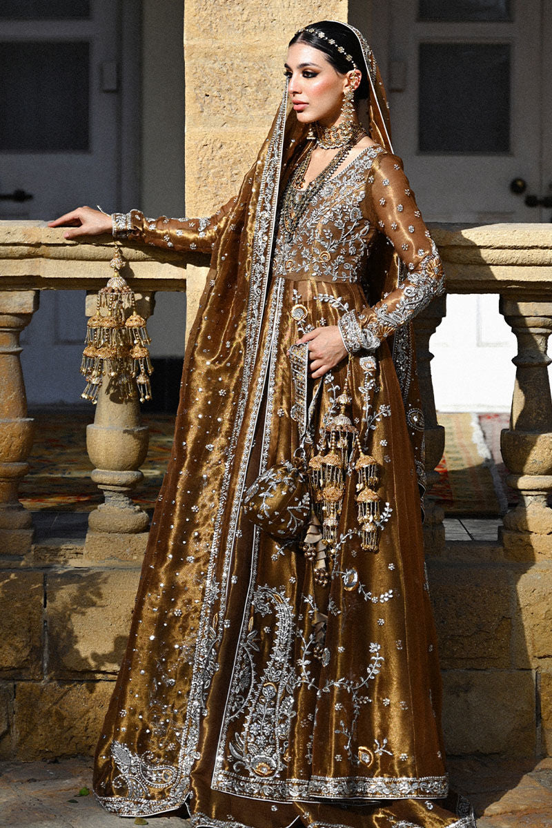 Bronze lamé Anarkali bridal dress with silver zardozi, embellished lehenga, and dupatta – perfect for Pakistani brides in UK and USA.