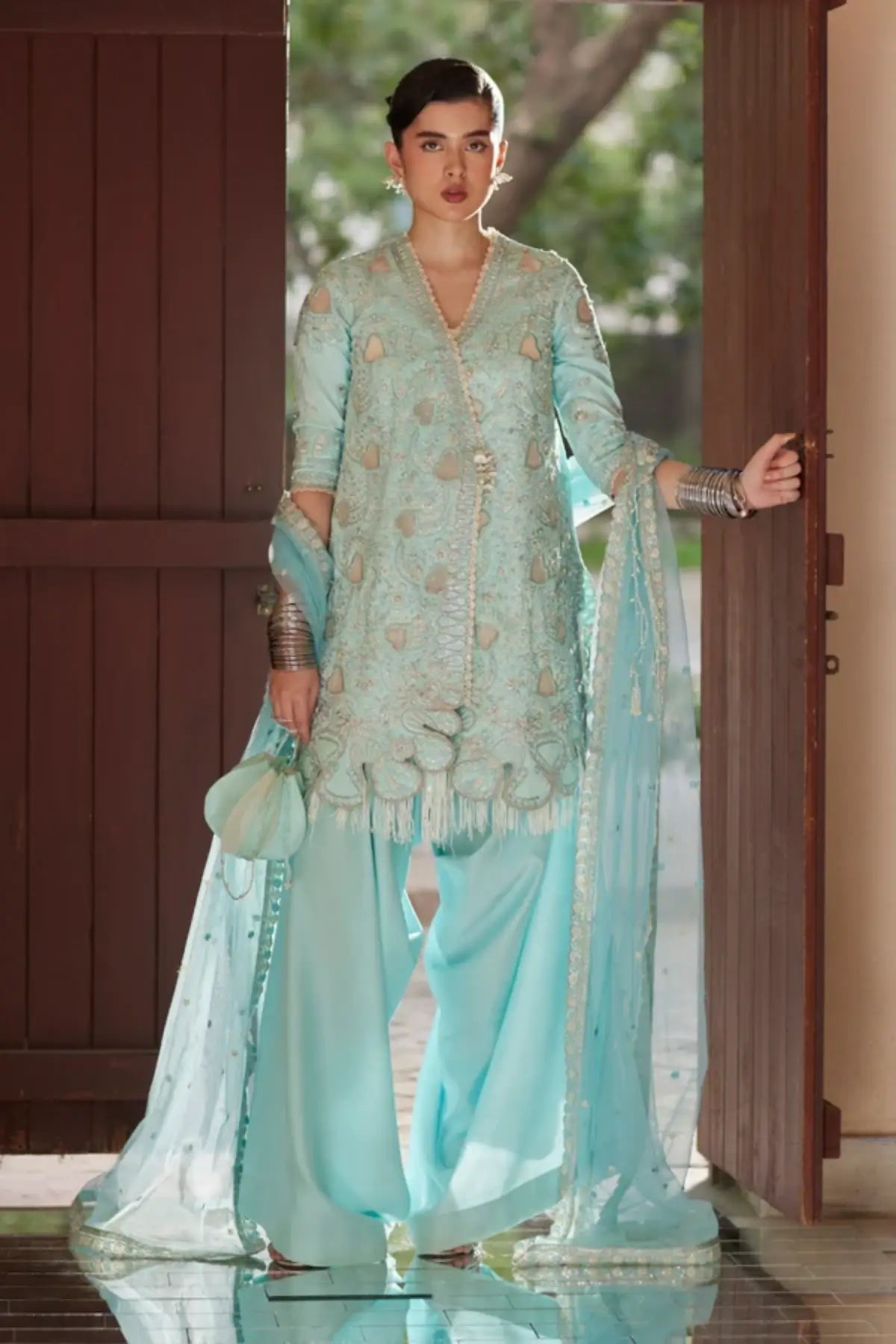 Aks Soraya Silk Edit '26 sky blue Chanderi silk embroidered stitched 4PC suit with net dupatta