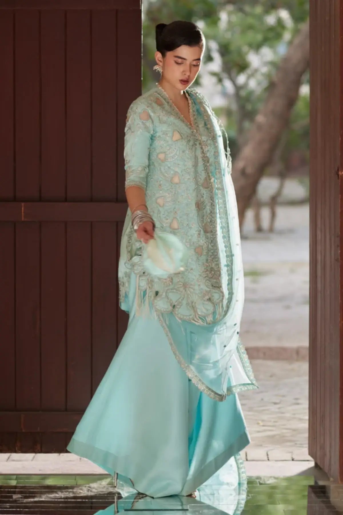 Aks Soraya Silk Edit '26 sky blue Chanderi silk embroidered stitched 4PC suit with net dupatta