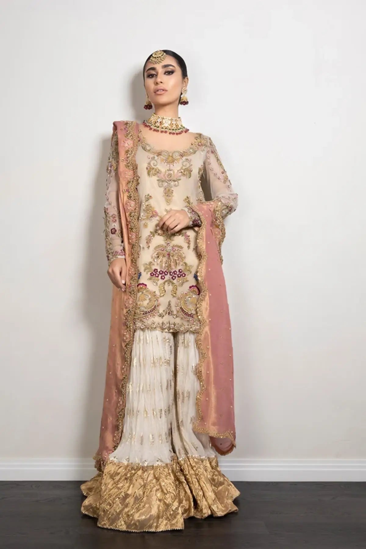 Alaia Ivory Zardozi Hand Embellished Net Nikkah Kurti with Cotton Brocade Dhaka Pajama and Blush Pink Lame Tissue Dupatta